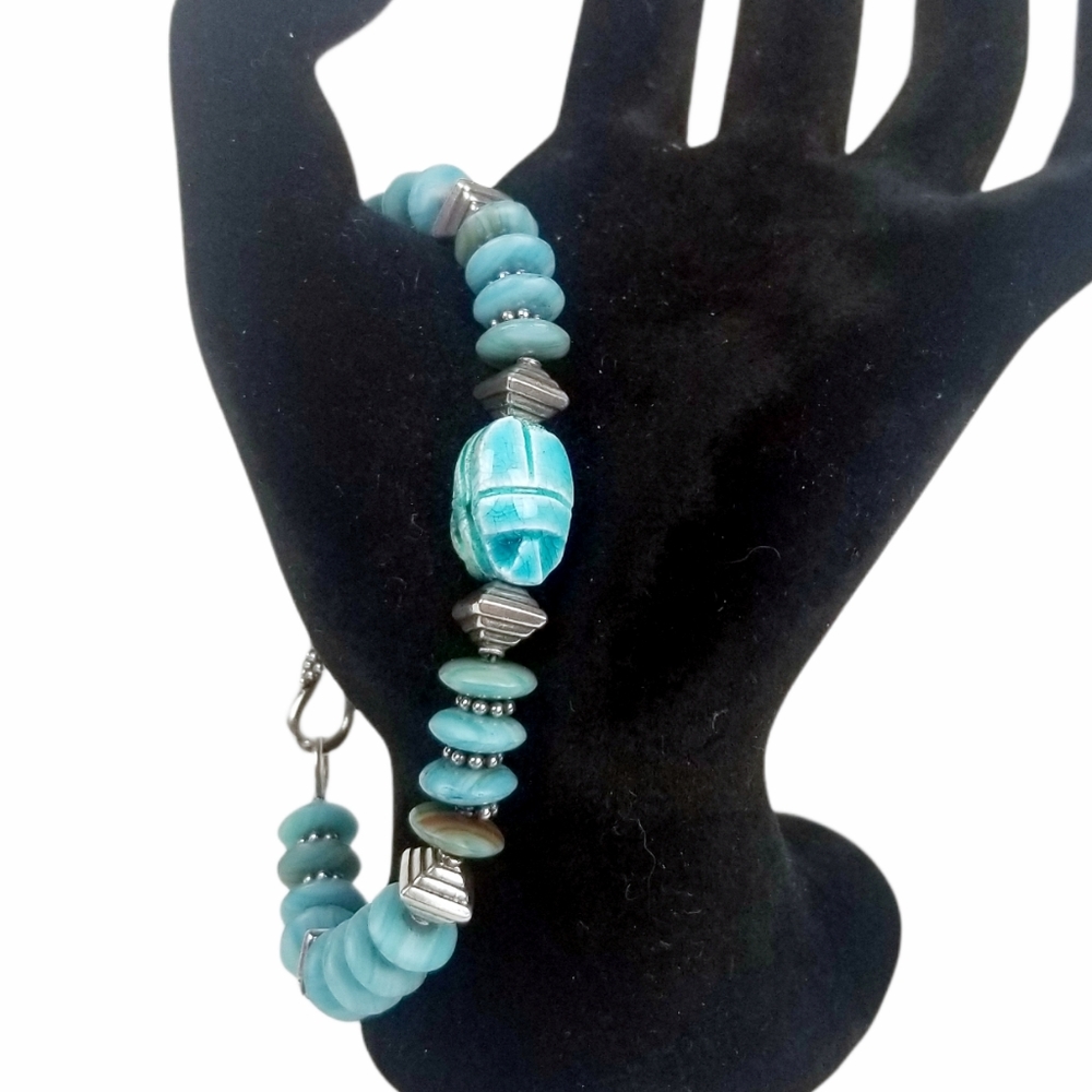 Artisan Turquoise Magnesite Disk & Scarab & Sterling Silver Bracelet
